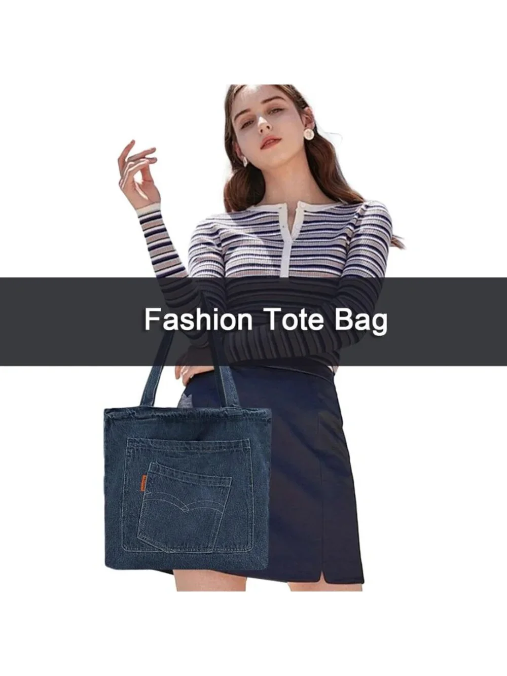 Large Retro Denim Tote Bag for Work, Travel, College - Stylish Canvas Shoulder